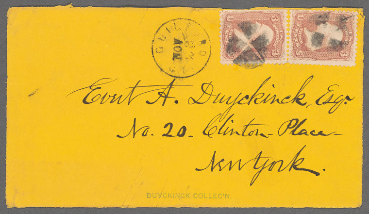 Bright yellow envelope addressed to Evert A. Duyckinck at 20 Clinton Place stamped November