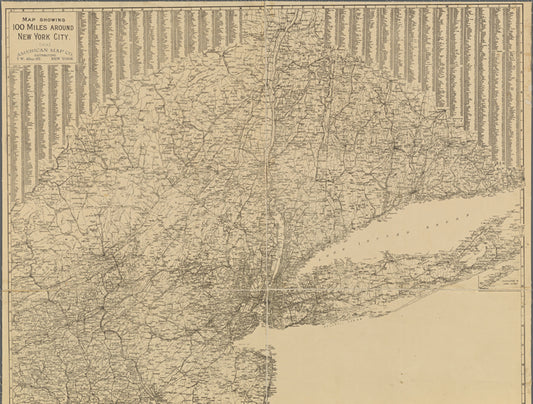 Map showing 100 miles around New York City