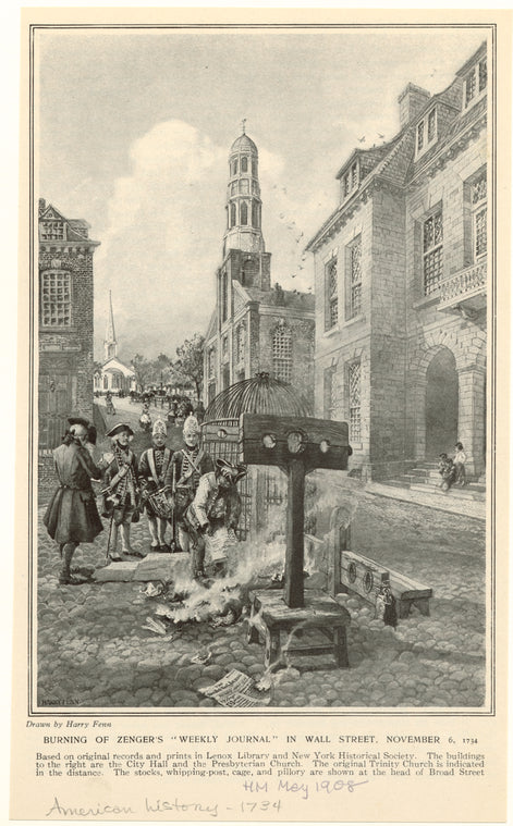 Burning of Zenger's 'Weekly Journal' in Wall Street, November 6, 1734
