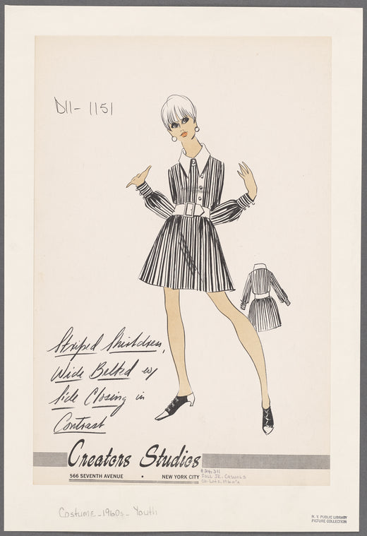 Striped shirtdress, wide belted with side closing in contrast