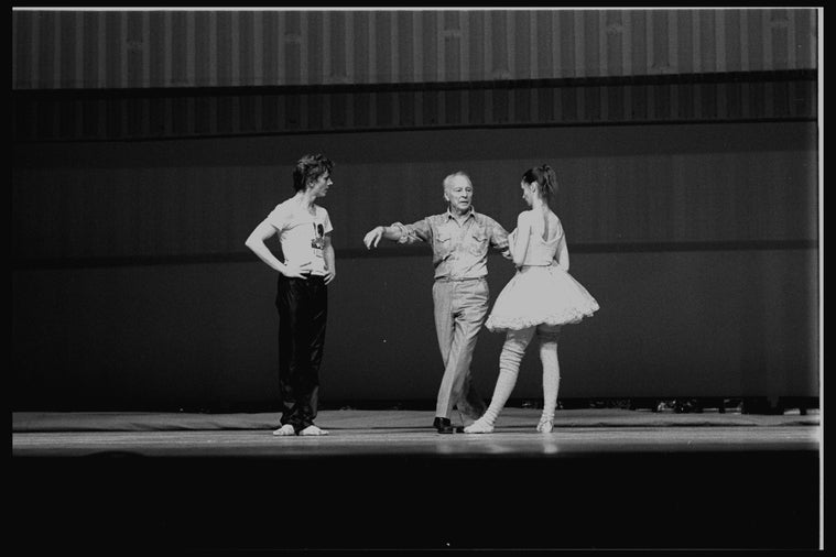 New York City Ballet production of "Mozartiana" with George Balanchine rehearsing Suzanne Farrell and Ib Andersen, choreography by George Balanchine (New York)