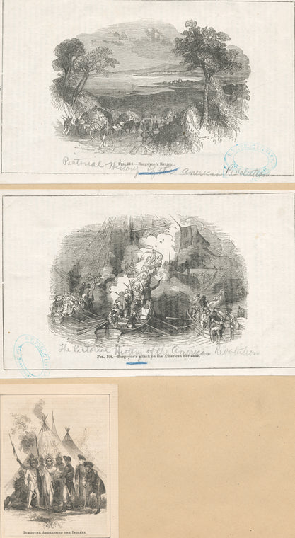 Burgoyne's retreat; Burgoyne's attack on the American Batteaux; Burgoyne addressing the Indians.