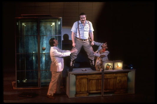 Actors (L-R) Donald O'Connor, Marcel Forestieri, & Chita Rivera in a scene fr. the Broadway musical "Bring Back Birdie." (New York)