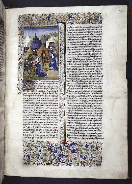 Miniature showing 1. a group of Roman soldiers advancing on the retreating Galatians; 2. Roman centurion's rape of the wife of Orgiagon; 3. she slices his throat while a soldier weighs ransom money; 4. she exposes the severed head. Initial, border design.