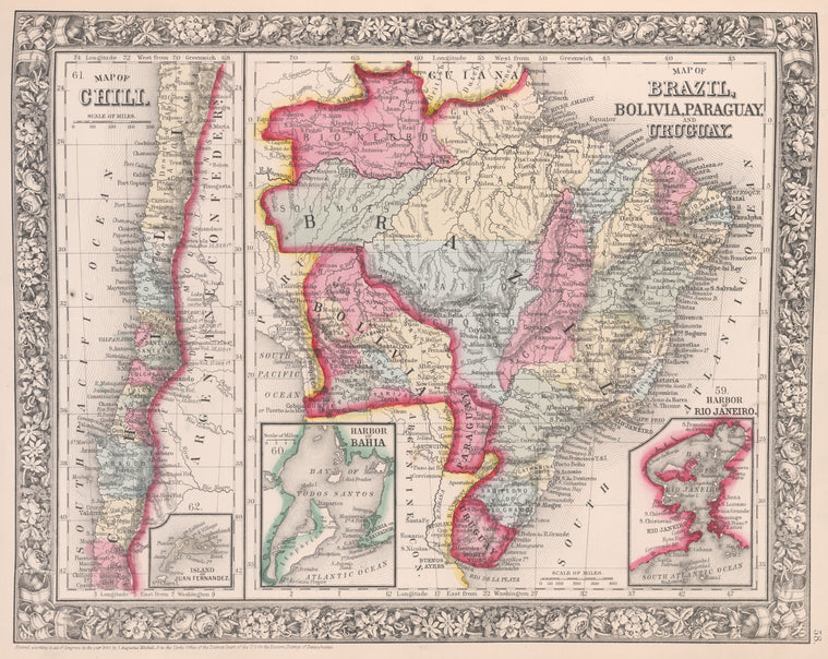 Map of Brazil, Bolivia, Paraguay, and Uruguay ; Harbor of Rio Janeiro [inset]; Harbor of Bahia [inset]; Map of Chili ; Island of Juan Fernandez [inset].