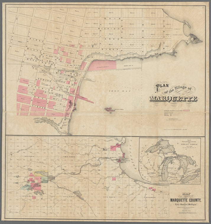 Plan of the village of Marquette. Map of a portion of Marquette County, Lake Superior, Michigan : showing railroad connections of the mines, with the lake &c.