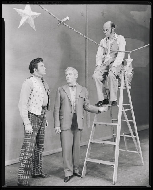John Raitt as Billy Bigelow, Jay Velie as Brother Joshua, and Russell Collins as the Starkeeper in Carousel