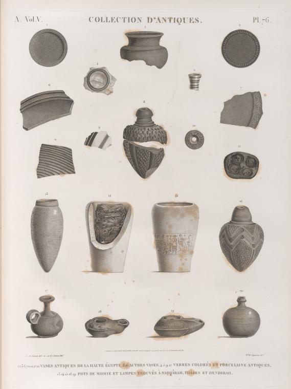 Collection d'antiques. 1-3.6.7.10.11.17.20. Vases antiques de la Haute Égypte; 8.16. Autres vases; 4.5.9.12. Verres colorés et porcelaine antiques; 13-15.18.19. Pots de momie et lampes trouvés à Saqqârah, Thèbes et Denderah.