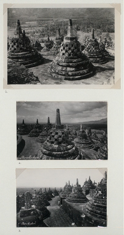 Borobudur - General: 1. Dagobas viewed from the base of the crowning stupa (Photo: Claire Holt, 1935); 2-3. View of the dagobas which conceal Buddha images on the circular terraces