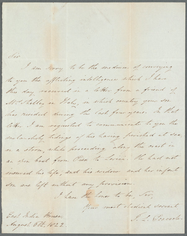 Autograph letter signed to Sir Timothy Shelley,  6 August 1822