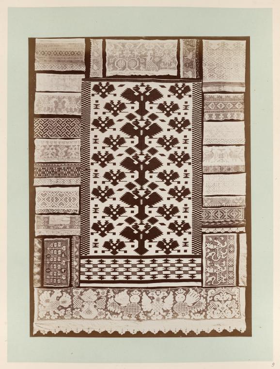 Examples of characteristic old popular design embroidery, textiles, and Russian lace.