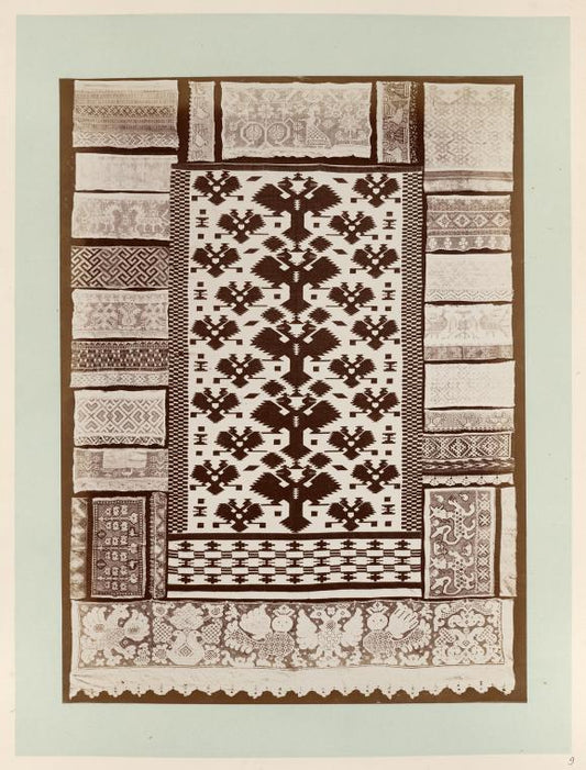 Examples of characteristic old popular design embroidery, textiles, and Russian lace.
