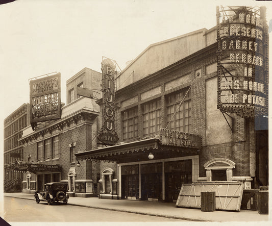 Exterior view of the Bijou Theatre on 45th St. and its marquee promoting the stage production His Honor Abe Potash.