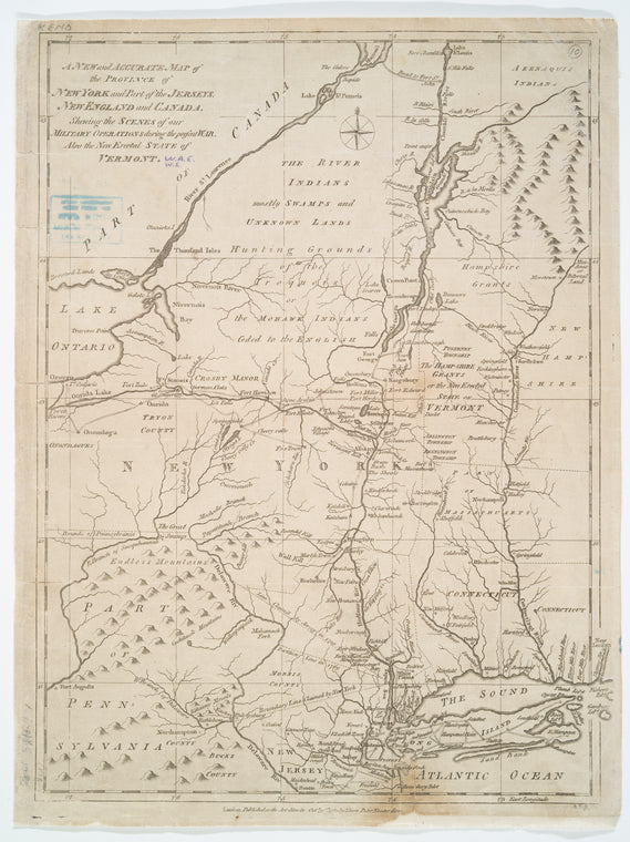 A new and accurate map of the province of New York and part of the Jerseys, New England and Canada: shewing the scenes of our military operations during the present war : also the new erected state of Vermont