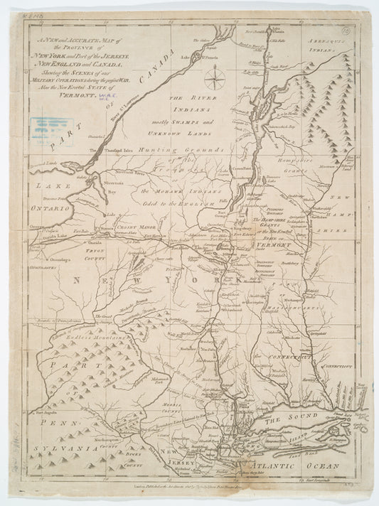 A new and accurate map of the province of New York and part of the Jerseys, New England and Canada: shewing the scenes of our military operations during the present war : also the new erected state of Vermont
