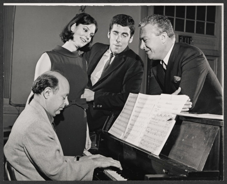Milton Schafer, Lesley Ann Warren, Elliott Gould and unidentified in rehearsal for the stage production Drat the Cat!