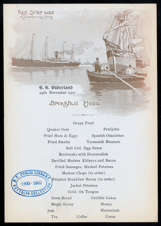 BREAKFAST [held by] RED STAR LINE -ANTWERPEN NY [at] EN ROUTE S.S. VADERLAND (SS)