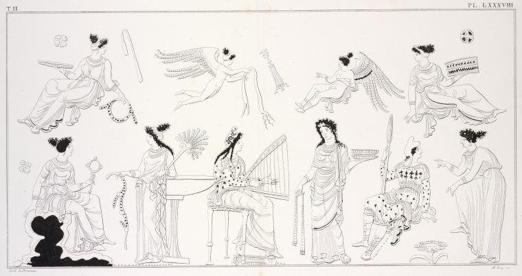 Apollo Amazonius playing the trigonon along with Diana and Omphale, five Hierodules and two Erotes