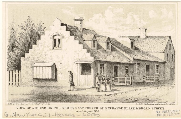 View of a house on the north east corner of Exchange Place & Broad Street, about the year 1680