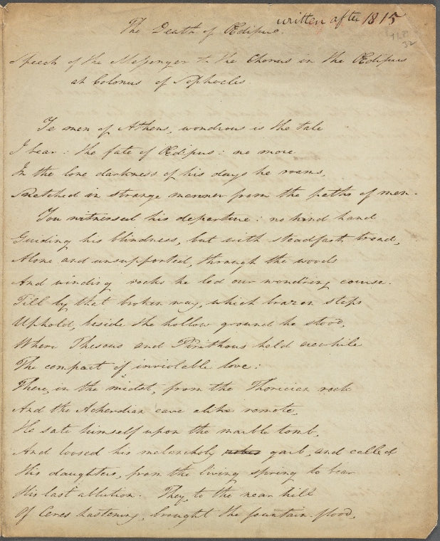 Holograph poem, "The Death of Œdipus," 1815 - ?1818