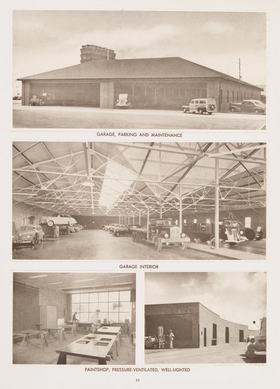 Garage, parking and maintenance ; Garage interior ; Paintshop pressure-ventilated, well-lighted.