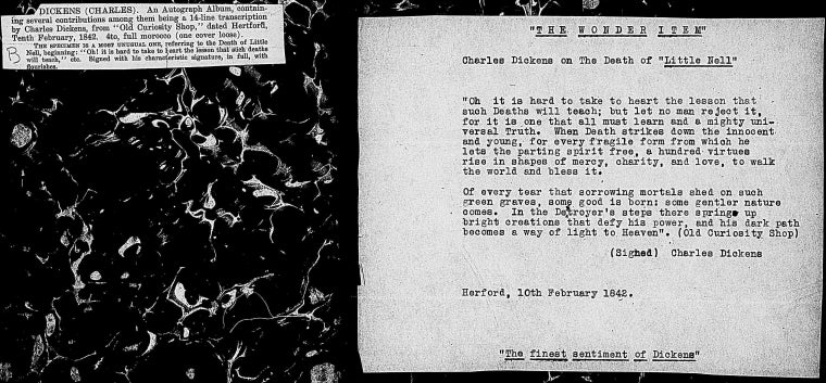 Old curiosity shop, 14-line holograph transcription by Dickens of passage on the death of Little Nell