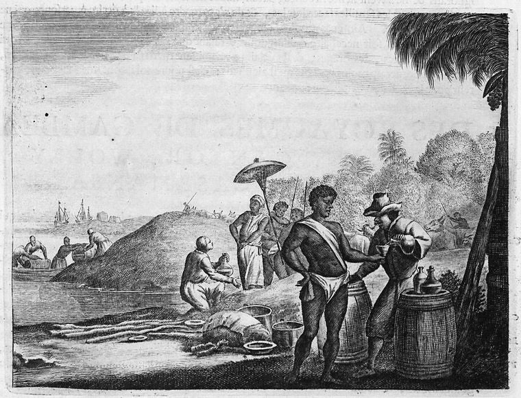 Men pouring imported goods.