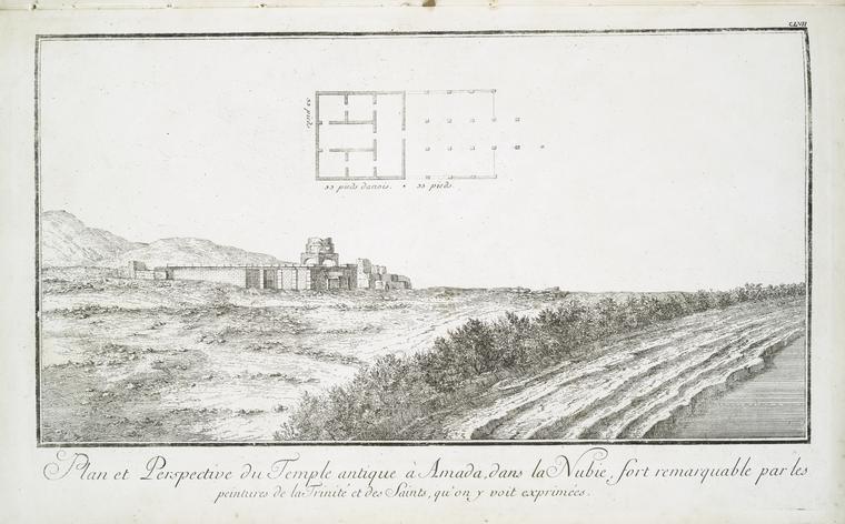 Plan et perspective du temple antique à Amada, dans la Nubie, fort remarquable par les peintures de la Trinité et des saints, qu'on y voit exprimées.