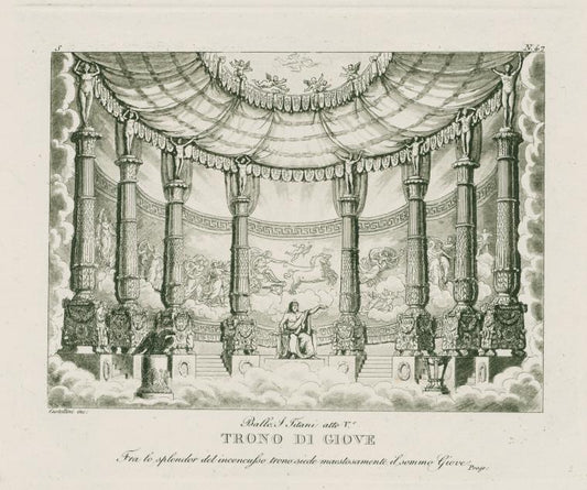 Ballo I Titani, atto V. Trono di Giove. Fra lo splendor del inconcusso trono siede maestosamente il somno Giove. Progr. Castellini inc. [after a set design by Sanquirico]