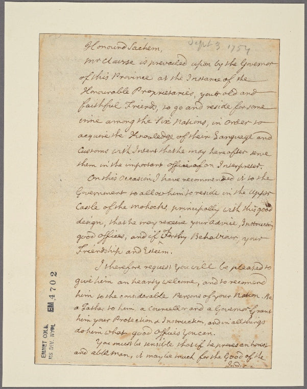Letter to [a Mohawk sachem.]