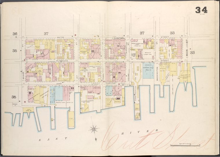 Brooklyn V. 2, Double Page Plate No. 34 [Map bounded by Water St., Main St., East River, Bridge St.]