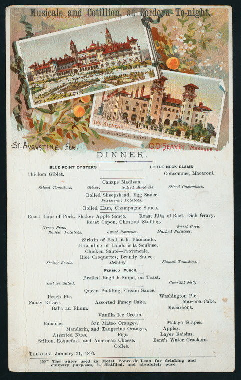 MUSICALE & COTILLION AT CORDOVA TONIGHT [held by] HOTEL PONCE DE LEON [at] "ST. AUGUSTINE, FL" (HOT;)
