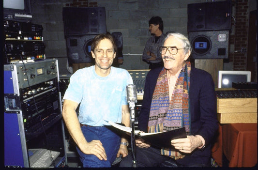 Actors (L-R) Keith Carradine and Gregory Peck at recording session for the Broadway musical "The Will Rogers Follies." (New York)