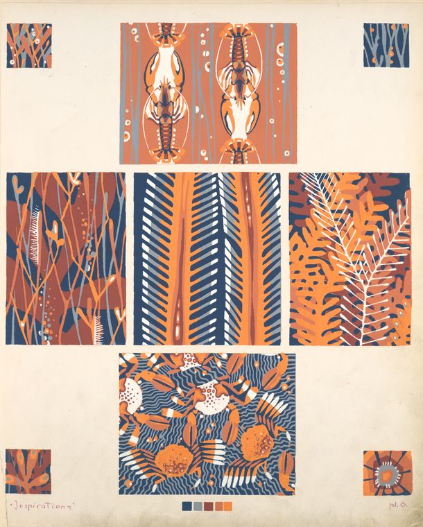 Nine compositions, incorporating marine plant forms and crustaceans