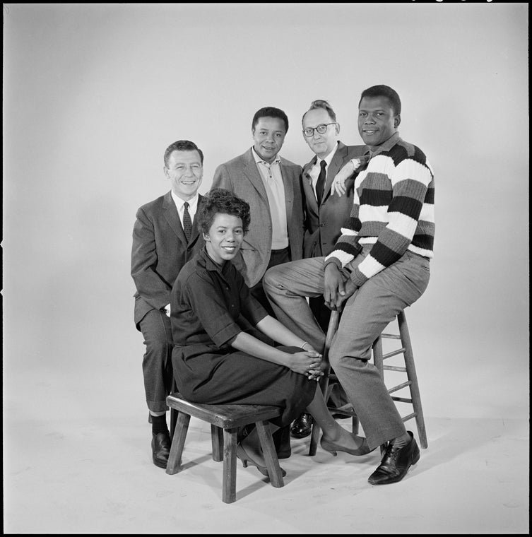 David Cogan, playwright Lorraine Hansberry, Lloyd Richards, Philip Rose and Sidney Poitier in studio portrait for the original 1959 Broadway production of A Raisin in the Sun