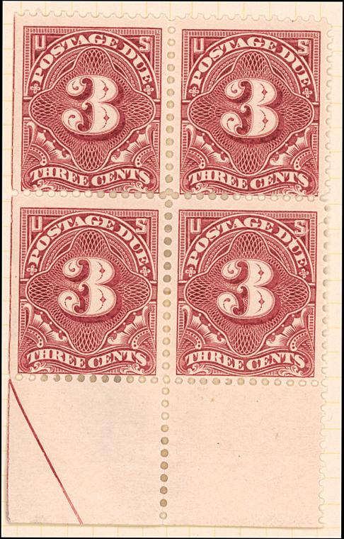 3c deep claret Postage Due block of four