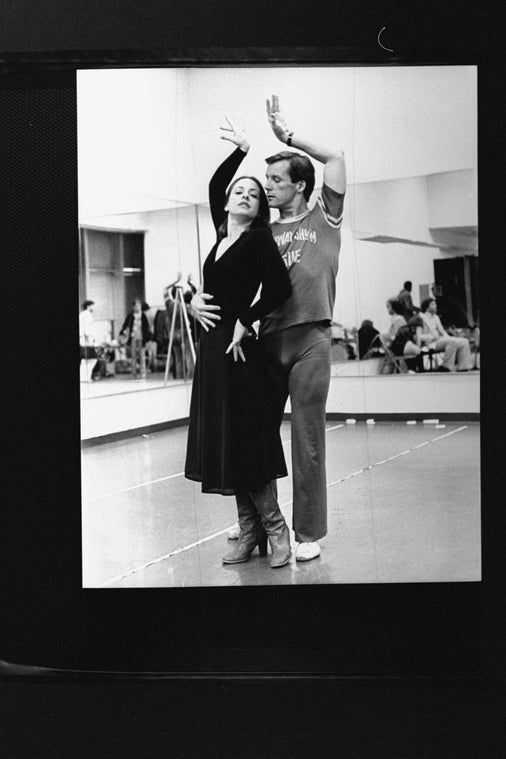Actress Patti LuPone working with choreographer Larry Fuller during a rehearsal for the Broadway production of the musical "Evita.".