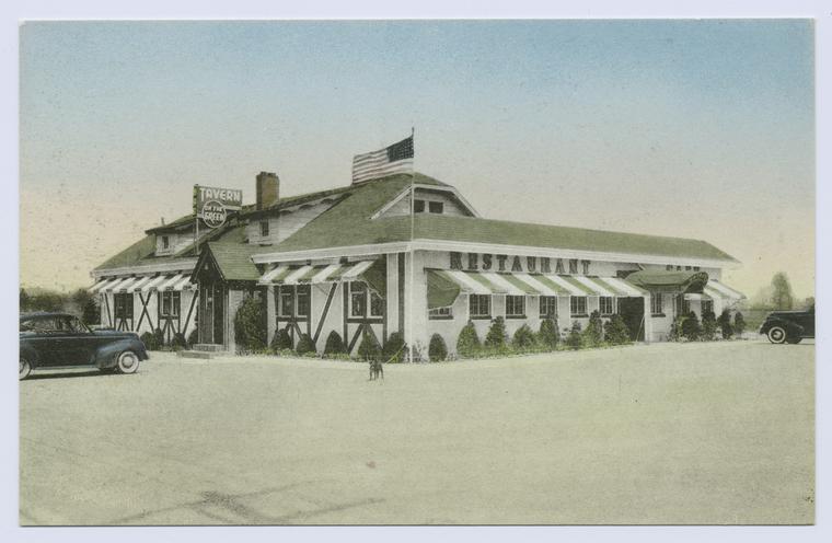 Tavern on the Green  [ext. with 30's-40's?  car out front and dog on lead attached to flag pole! ad text on back]