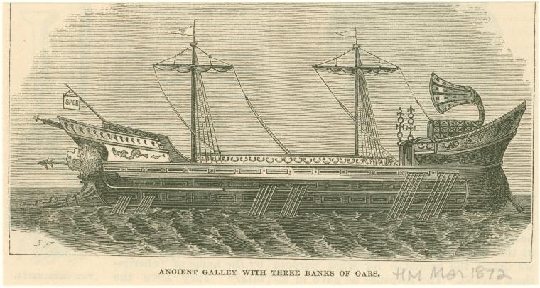 Ancient galley with three banks of oars