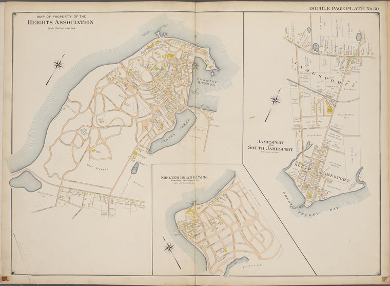 Suffolk County, V. 2, Double Page Plate No. 30 [Map bounded by Map of property of the Heights Association, James Port and South Jams Port, Shelter Island Park]