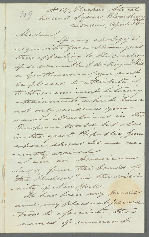 M. Montgomery Sharpe to Jane Porter, autograph letter signed