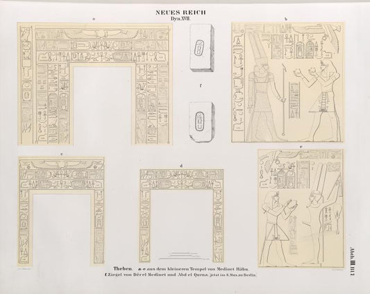 Neues Reich. Dynastie XVII.  Theben [Thebes]: a - e  aus dem kleineren Tempel von Medînet Hâbu; f. Ziegel von  Dêr el Medînet [Dayr al-Madînah Site] und Abd el Qurna. [jetzt im K. Museum zu Berlin.]