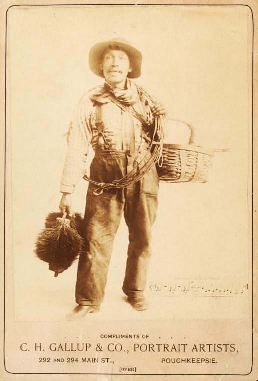 John King, chimney sweep, shown with gear while singing out his call.