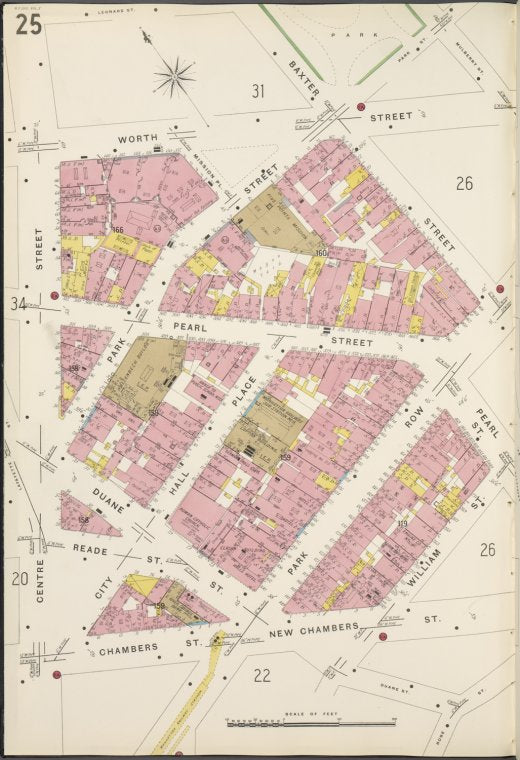 Manhattan, V. 1, Plate No. 25 [Map bounded by Worth St., Baxter St., William St., New Chambers St., Centre St.]