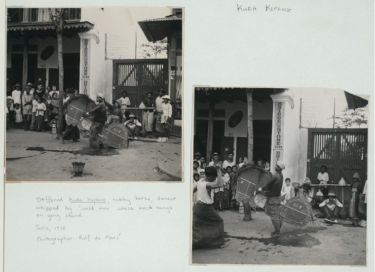 Kuda Kepang: Stiffened Kuda Kepang, hobby horse, dancer whipped by "wild man" whose mask hangs on gong stand. Solo, 1938