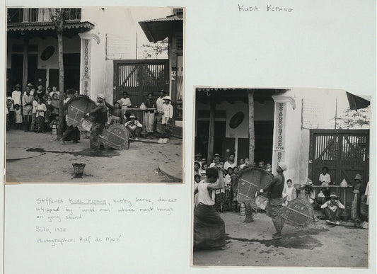 Kuda Kepang: Stiffened Kuda Kepang, hobby horse, dancer whipped by "wild man" whose mask hangs on gong stand. Solo, 1938