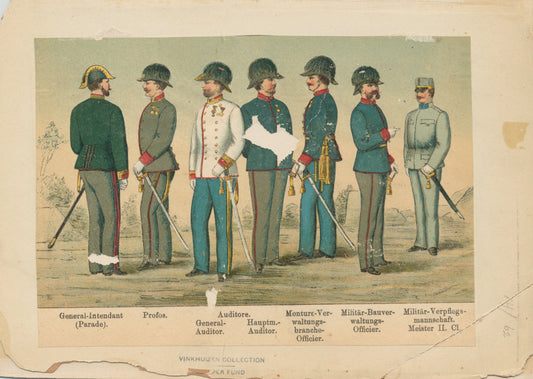 General-Intendant (Parade); Profos; Auditore : General-Auditor, Hauptm.-Auditor; Monturs-Verwaltungsbranche-Officier; Militär-Bauverwaltungs-Officier; Militär-Verpflegsmannschaft. Meister II. Cl