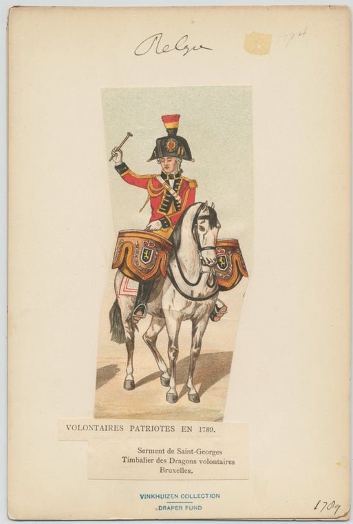 Voluntaires patriotes en 1789. Serment de Saint-Georges, timbalier des dragons voluntaires, Bruxelles