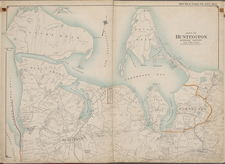 Suffolk County, V. 2, Double Page Plate No. 1 [Map bounded by Lloyds Neck, Eaton Neck, North Port, East North Port, Little Neck, Center Port, Greenlawn, Huntington, West Neck]