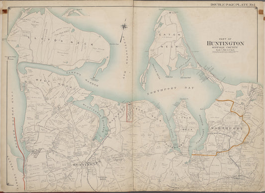Suffolk County, V. 2, Double Page Plate No. 1 [Map bounded by Lloyds Neck, Eaton Neck, North Port, East North Port, Little Neck, Center Port, Greenlawn, Huntington, West Neck]